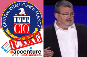 ITT logo, Accenture logo, Arthur Andersen logo, Enron logo, CIA seal, fake, CIO, John Edwards photo.