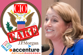 Accenture logo, Arthur Andersen logo, Enron logo, J.P. Morgan logo, United States seal, fake, CIO, Suzette Kent photo.