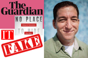 The Guardian logo, No Place To Hide book image, IT, fake, Glenn Greenwald photo.