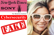 New York Times logo, Sony logo, The Weinstein Company logo, cybersecurity, fake, Nicole Perlroth photo.