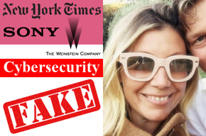 New York Times logo, Sony logo, The Weinstein Company logo, cybersecurity, fake, Nicole Perlroth photo.