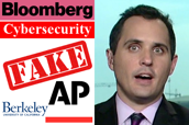 Bloomberg logo, Cybersecurity, FAKE, UC Berkeley logo, Associated Press logo, Jordan Robertson photo.