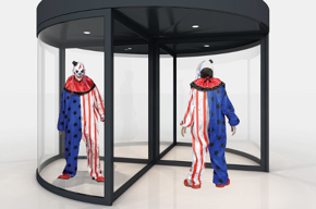 American clowns in revolving door.