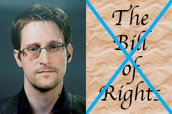 Hacker Edward Snowden and Democrat blue X over The Bill of Rights parchment.