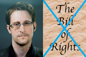 Hacker Edward Snowden and Democrat blue X over The Bill of Rights parchment.