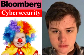 Bloomberg logo, Cybersecurity, baby clown photo, Bloomberg cybersecurity reporter William Turton photo.