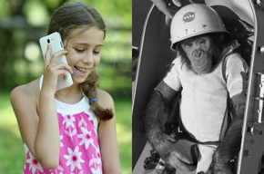 Girl with smart phone, chimp astronaut.